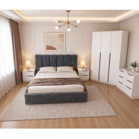Set Dormitor Prestige cu Pat Tapițat și Dulap 3 Uși Acril Alb