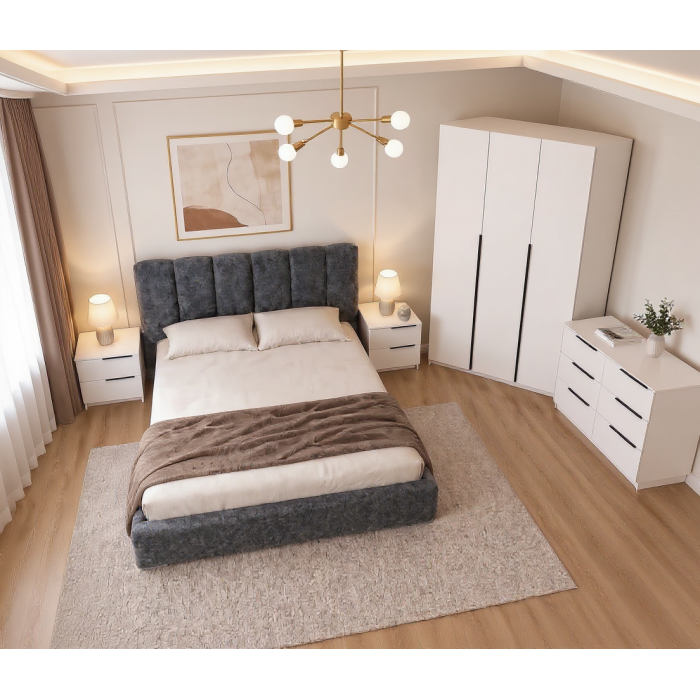 Set Dormitor Prestige cu Pat Tapițat și Dulap 3 Uși Acril Alb