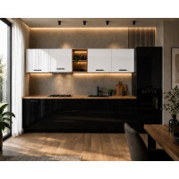 Bucatarie Daria MDF V1, 340x60x200cm, Alb lucios+Negru