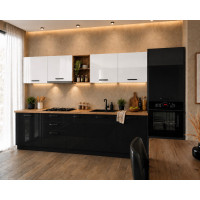 Bucatarie Daria MDF V1, 340x60x200cm, Alb lucios+Negru