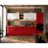 Bucatarie Daria MDF V1, 340x60x200cm, Alb lucios+Rosu