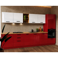 Bucatarie Daria MDF V1, 340x60x200cm, Alb lucios+Rosu