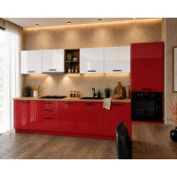 Bucatarie Daria MDF V1, 340x60x200cm, Alb lucios+Rosu