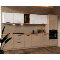 Bucatarie Daria MDF V1, 340x60x200cm, Alb lucios+Cappuccino