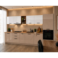 Bucatarie Daria MDF V1, 340x60x200cm, Alb lucios+Cappuccino