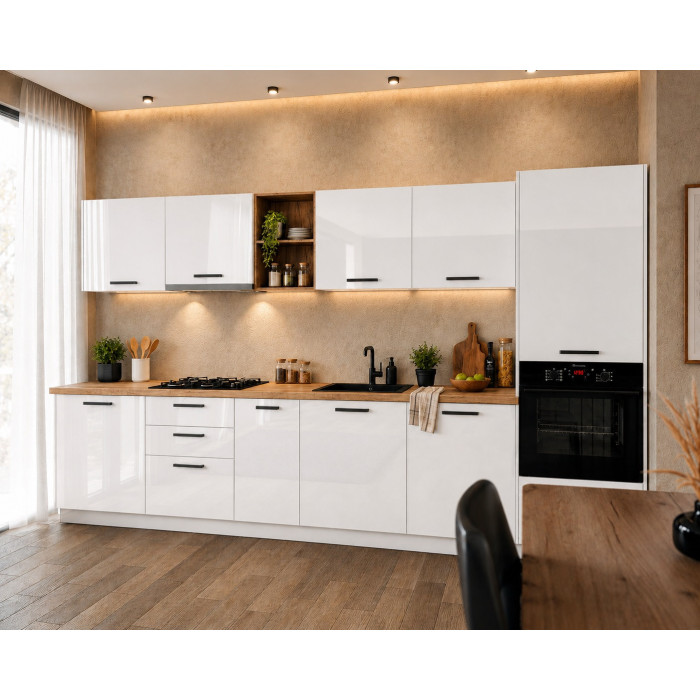 Bucatarie Daria MDF V1, 340x60x200cm, Alb lucios