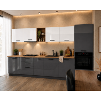 Bucatarie Daria MDF V1, 340x60x200cm, Alb lucios+Antracit