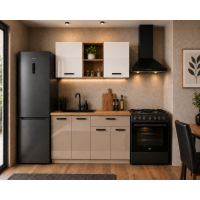 Bucatarie Daria MDF V1, 120x60x200cm, Alb lucios+Cappuccino