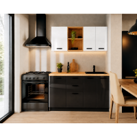 Bucatarie Daria MDF V1, 140x60x200cm, Acril Alb+Negru