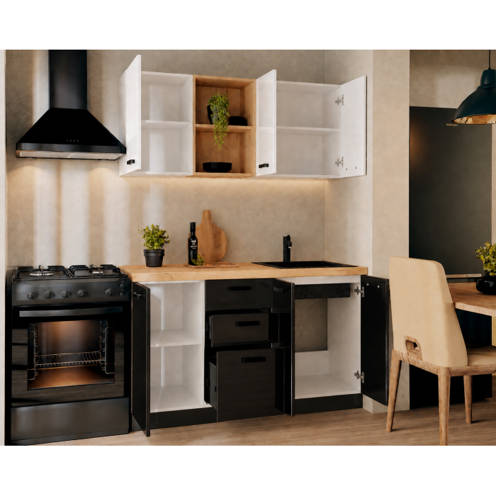 Bucatarie Daria MDF V1, 140x60x200cm, Acril Alb+Negru