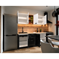 Bucatarie Daria MDF V1, 180x60x200cm, Acril Alb + Negru