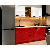 Bucatarie Daria MDF V1, 180x60x200cm, Acril Alb + Rosu