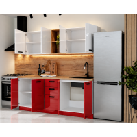 Bucatarie Daria MDF V1, 200x60x200cm, Acril Alb+Rosu