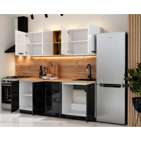 Bucatarie Daria MDF V1, 200x60x200cm, Acril Alb+Negru