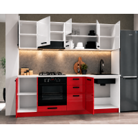 Bucatarie Daria MDF V1, 220x60x200cm, Acril Alb+Rosu
