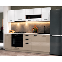 Bucatarie Daria MDF V1, 220x60x200cm, Acril Alb+Cappuccino