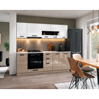 Bucatarie Daria MDF V1, 220x60x200cm, Acril Alb+Cappuccino