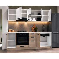 Bucatarie Daria MDF V1, 220x60x200cm, Acril Alb+Cappuccino