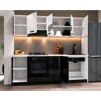 Bucatarie Daria MDF V1, 220x60x200cm, Acril Alb+Negru