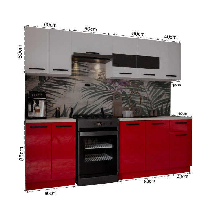 Bucatarie Daria, 240x60x200cm, Alb+Rosu