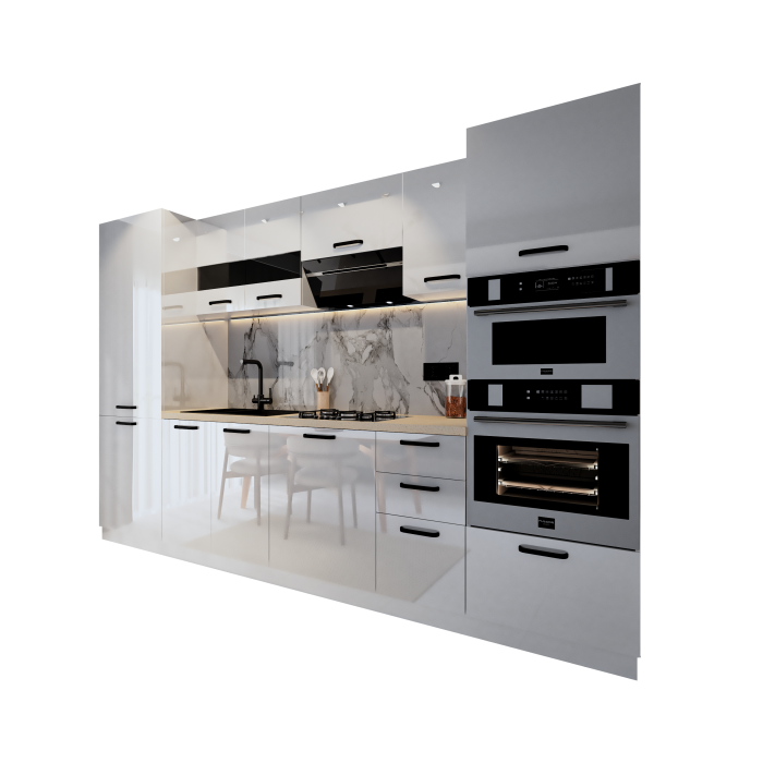 Bucatarie Daria, MDF Alb Lucios, 303x60x200cm