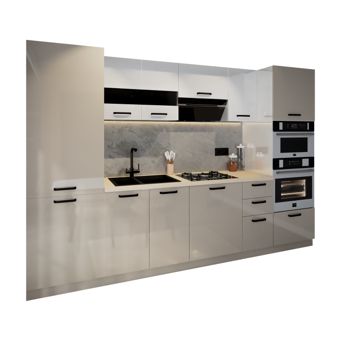 Bucatarie Daria, MDF Alb+Cappuccino, 303x60x200cm