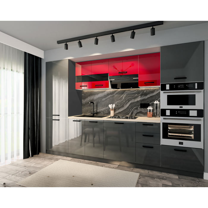 Bucatarie Daria, MDF Rosu+ Antracit, 303x60x200cm