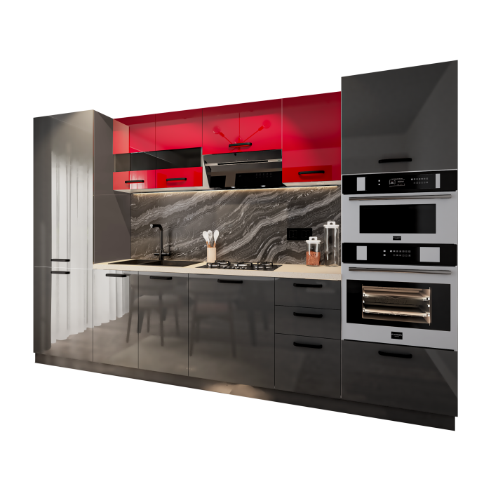 Bucatarie Daria, MDF Rosu+ Antracit, 303x60x200cm