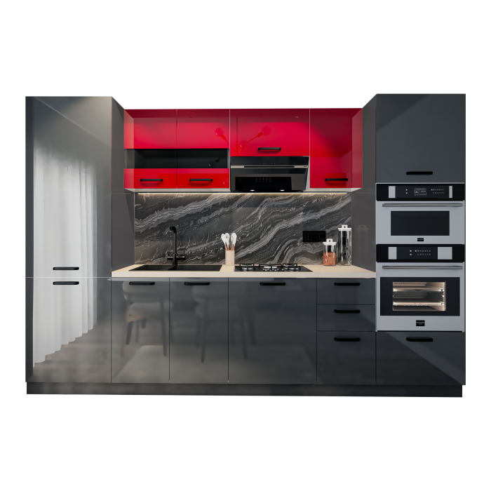 Bucatarie Daria, MDF Rosu+ Antracit, 303x60x200cm