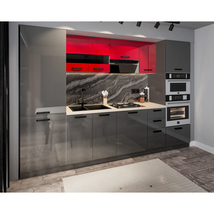 Bucatarie Daria, MDF Rosu+ Antracit, 303x60x200cm