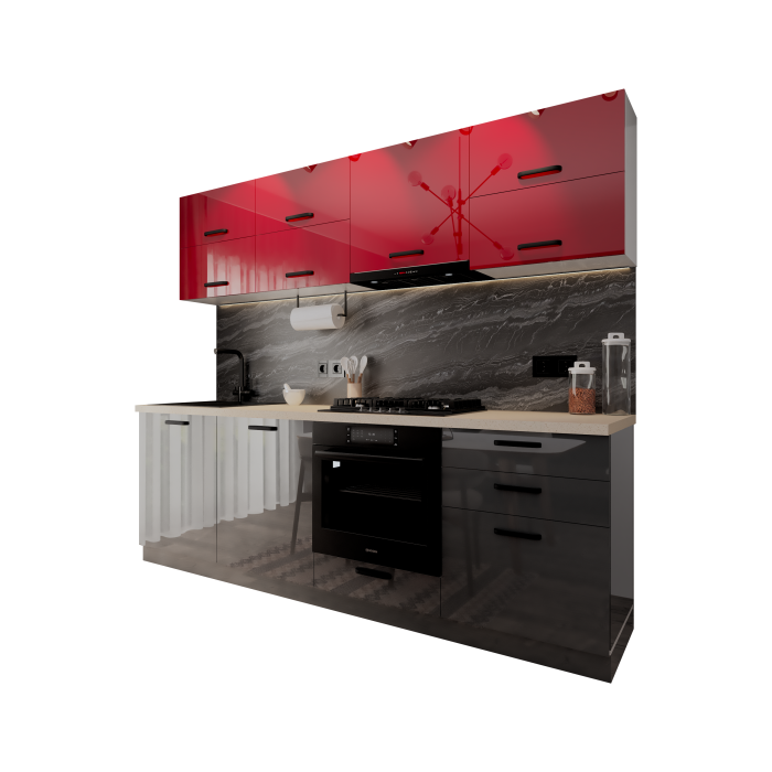 Bucatarie Daria V2, 240x60x200cm, Rosu+Antracit