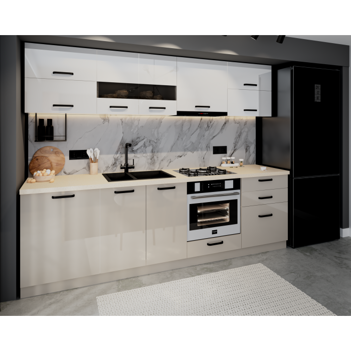 Bucatarie Daria MDF V1, 260x60x200cm, Alb+Cappuccino