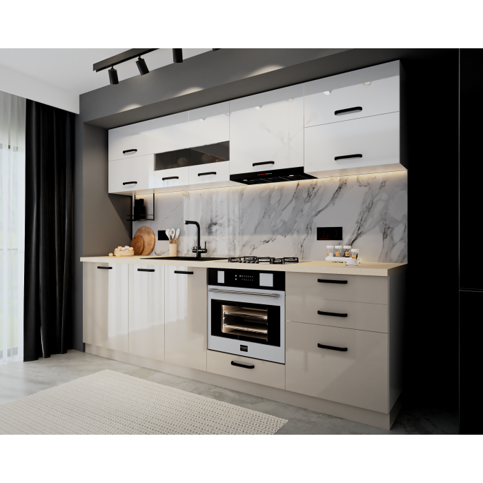 Bucatarie Daria MDF V1, 260x60x200cm, Alb+Cappuccino