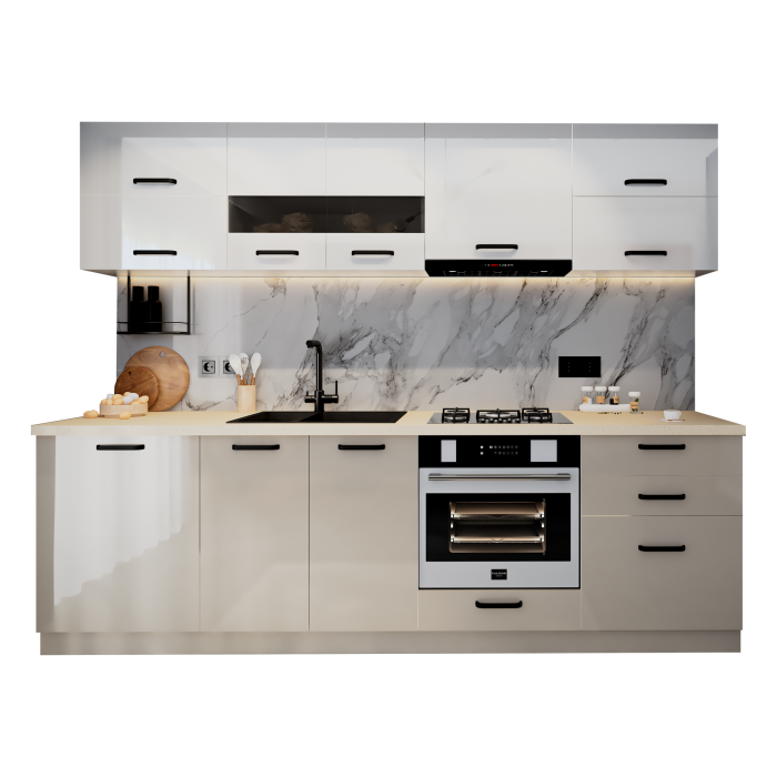 Bucatarie Daria MDF V1, 260x60x200cm, Alb+Cappuccino
