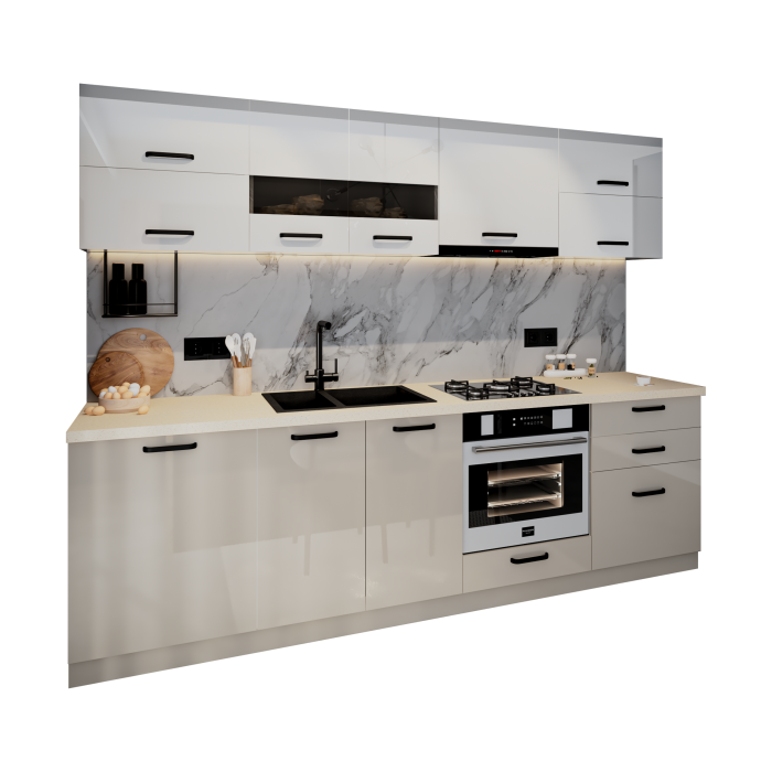 Bucatarie Daria MDF V1, 260x60x200cm, Alb+Cappuccino