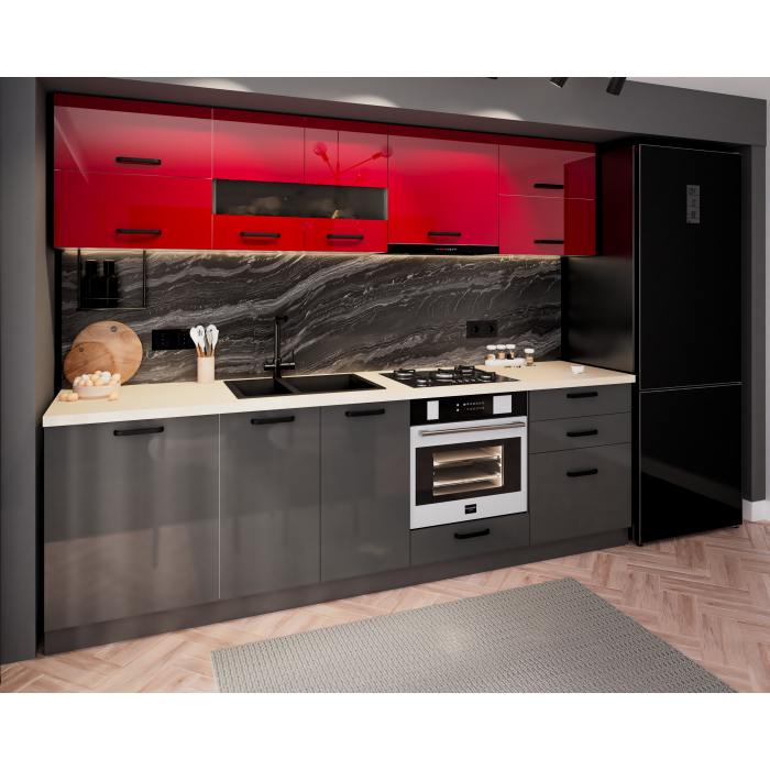 Bucatarie Daria MDF V1, 260x60x200cm, Rosu+Antracit