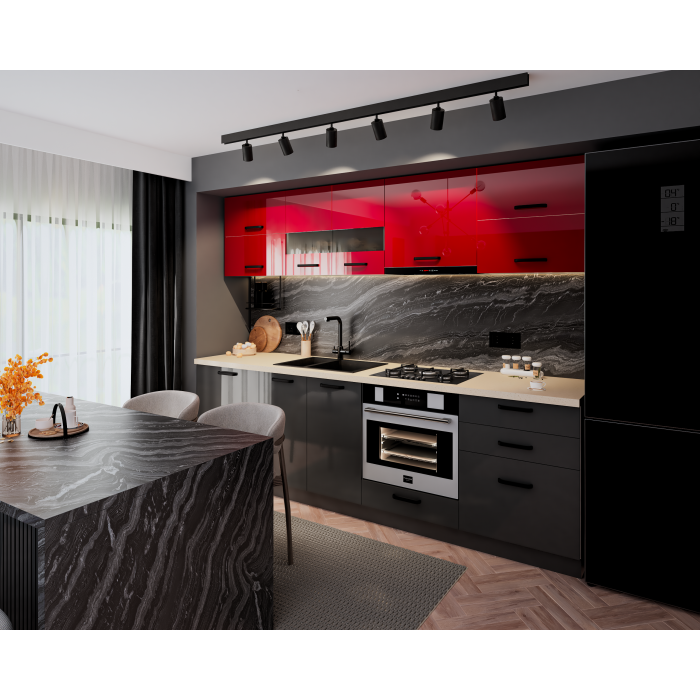 Bucatarie Daria MDF V1, 260x60x200cm, Rosu+Antracit
