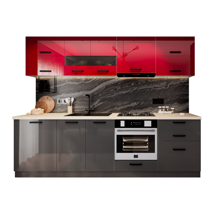 Bucatarie Daria MDF V1, 260x60x200cm, Rosu+Antracit