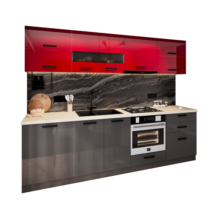 Bucatarie Daria MDF V1, 260x60x200cm, Rosu+Antracit