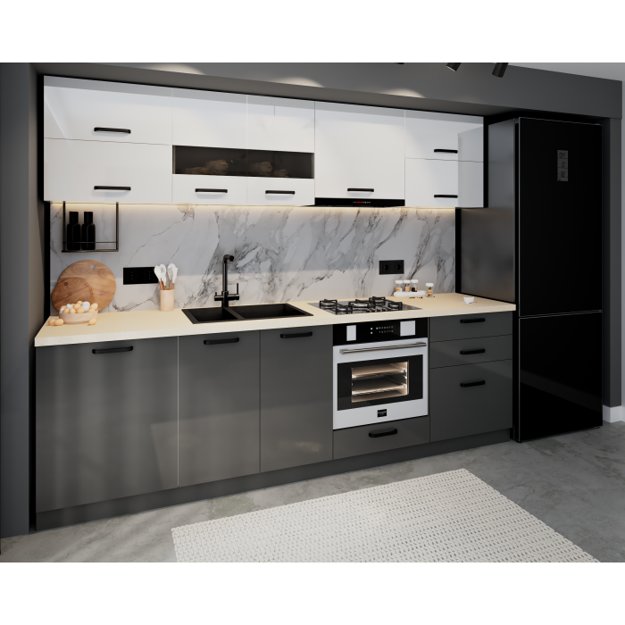 Bucatarie Daria MDF V1, 260x60x200cm, Alb+Antracit