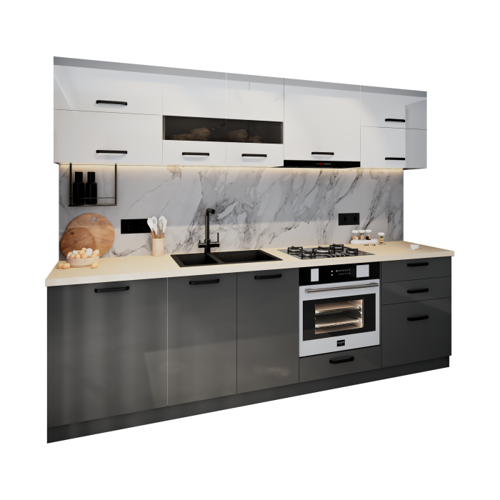 Bucatarie Daria MDF V1, 260x60x200cm, Alb+Antracit