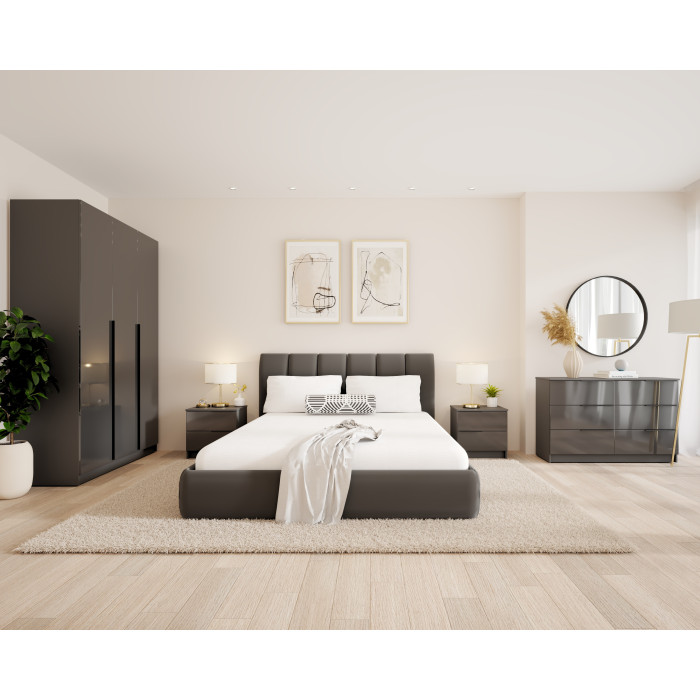 Set Dormitor Prestige cu Pat Tapițat și Dulap 3 Uși Acril Antracit