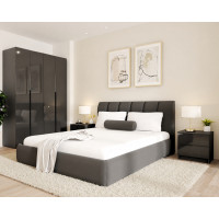 Set Dormitor Prestige cu Pat Tapitat și Dulap 4 Usi Acril Alb
