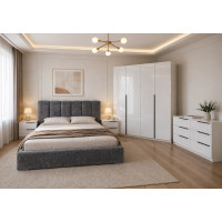 Set Dormitor Prestige cu Pat Tapițat și Dulap 4 Uși Acril Antracit