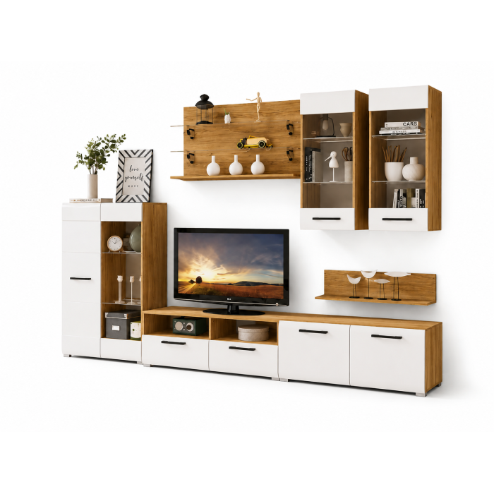 Living Nensi 3, 280x47x200cm, stejar auriu + alb