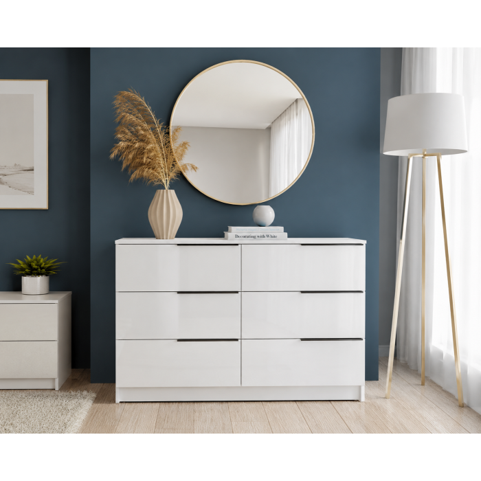 Comoda Prestige 6 Sertare, 120x40x77cm, Acril Alb