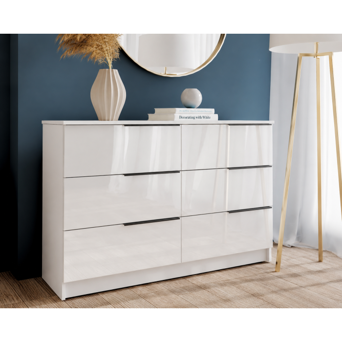 Comoda Prestige 6 Sertare, 120x40x77cm, Acril Alb