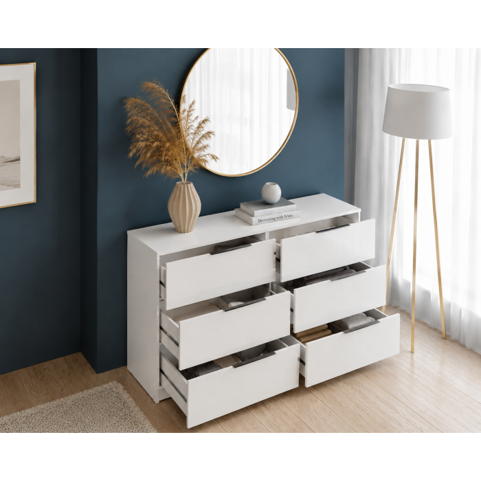 Comoda Prestige 6 Sertare, 120x40x77cm, Acril Alb